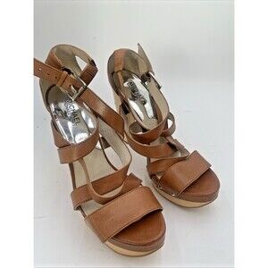 Michael Kors Brown Leather Strappy High Heel Sandals Sz 9 M Sexy Chic Block Wood